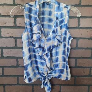 Heart Soul Semi Sheer Blue Tie Dye Ruffle Sleeveless Blouse Tank Top Size XS
